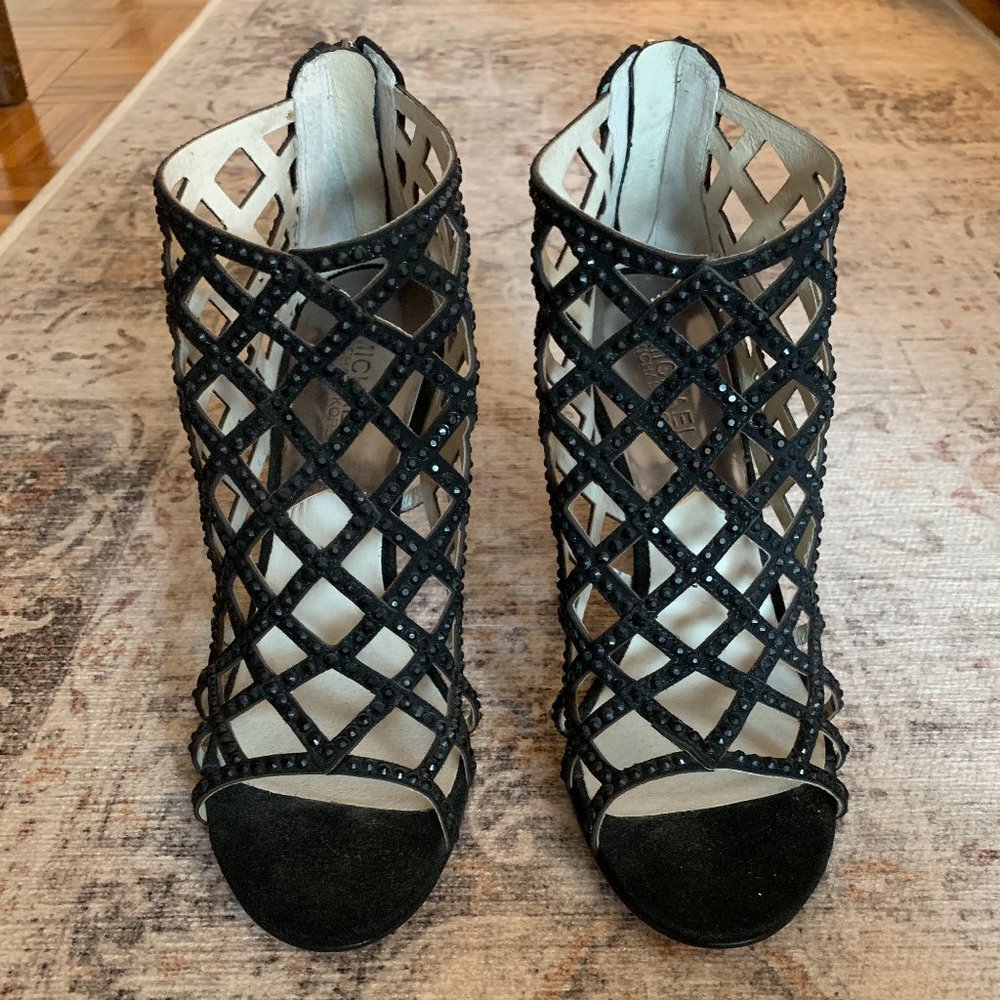 MICHAEL Michael Kors, suede, crystal embellished cage sandal heel, black, 8.5,